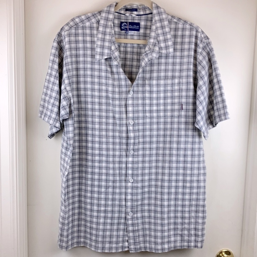 *O’Neil White Plaid Linen Blend Button Down Short Sleeve Shirt A133